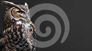 Majestic Great Horned Owl Portrait with Intense Gaze on Dark Background. Perfect for Wildlife Themes. Stock Photography