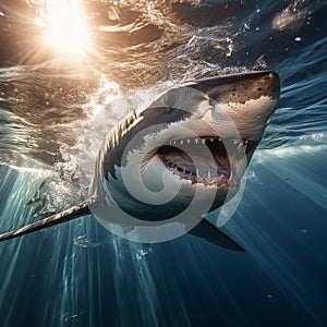 Majestic Great White Shark Gliding Through Sun-Kissed Waters