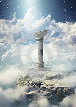 A majestic Greek-style column emerges into the skies between the clouds in classical style.