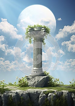 A majestic Greek-style column emerges into the skies between the clouds in classical style.