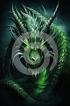 A majestic green dragon looking upwards, symbol of the year 2024.