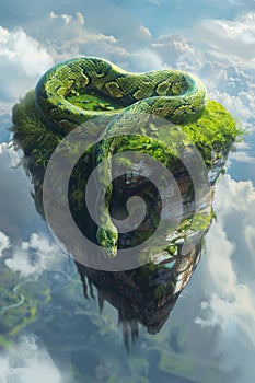 Majestic Green Python Resting on Floating Island Above the Clouds, Fantasy Wildlife Concept Illustration