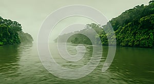 majestic green river of the amazon with haze in a beautiful sunrise by forested area