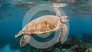 majestic green sea turtle on a healthy coral reef with its beautiful shell swimming away