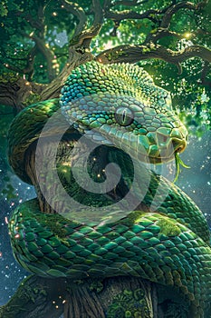 Majestic Green Serpent Coiled Around Ancient Tree in Enchanted Forest Illustration