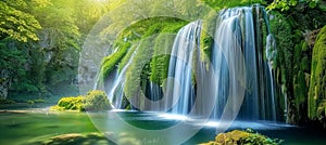 Majestic Green Waterfall Oasis in Lush Forest. Generative ai