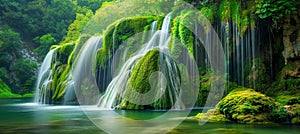 Majestic Green Waterfall Oasis in Lush Forest. Generative ai