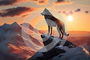 majestic grey wolf atop snowy mountain peak, with the sun rising in the distance