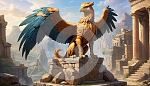 Majestic Griffin Statue in Mythical Landscape