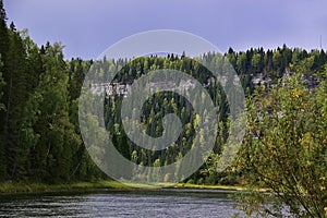 The majestic gypsum stone massif Usvinskie Stolby on the right bank of the Usva River