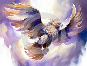 A majestic Harpy soaring high above the clouds its powerful wings taking it to new heights. Cute creature. AI generation