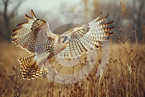 Majestic Hawk in Flight over Autumn Fields Detailed Wildlife Photography with Copy Space