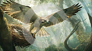 Majestic Hawk in Flight Over Forest Nest