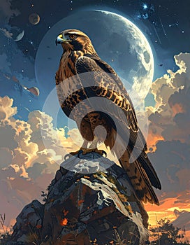 Majestic Hawk Perched Under the Moonlit Sky