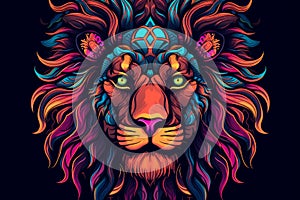 Majestic Head of lion with neon style. Wildlife predator