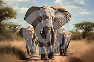 A majestic herd of elephants walking down a dusty road. AI Generated