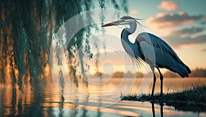Majestic Great Blue Heron at Sunrise by the Lake
