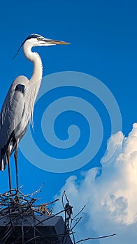 Majestic heron stands tall, silhouetted against the deep blue sky