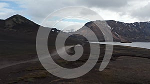 Majestic high angle view of Skaftafell national park with snow mountains and glacier lake in Iceland. Birds eye view of