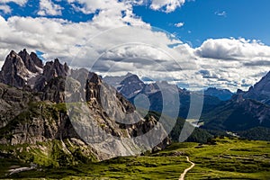 Majestic high mountain view of Dolomites mountain when hiking aroud Tre Cime trail, Italy