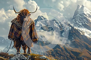 Majestic Highland Cow in Traditional Scottish Attire Standing on a Mountain with Snowy Peaks Background