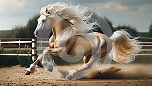 Majestic Horse in Full Gallop with a Blazing Mane. Palomino Stallion Showcasing Power and Grace.