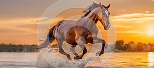 A majestic horse galloping along the beach at sunset with ample copy space for text