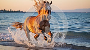 Majestic horse galloping along the beach at sunset with empty copy space in the sky