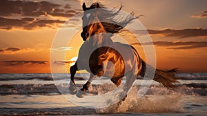 Majestic horse galloping on the beach at sunset with room for text, beautiful coastal scene
