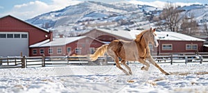 Majestic horse galloping freely in vast open field under the endless expanse of clear blue skies