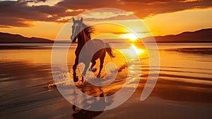 Majestic horse galloping on sandy beach at stunning sunset with ample copy space