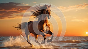 Majestic horse galloping on sandy beach at sunset with spacious sky for text or design elements