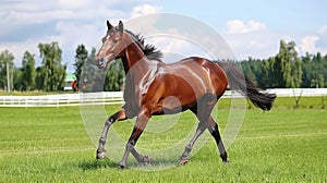 Majestic horse gracefully galloping freely in a vast open field under the clear blue sky