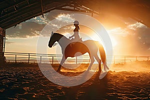 Majestic horse silhouette with rider against captivating sunset backdrop