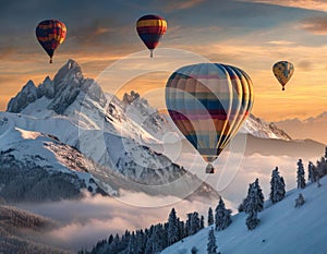 Majestic hot air balloons over snowy mountains at sunset