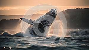 Majestic humpback whale breaching in sunset, splashing blue waves generated by AI