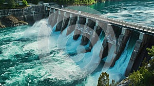 a majestic hydroelectric dam towering against the backdrop of cascading water, highlighting its capacity to harness the