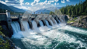 a majestic hydroelectric dam towering against the backdrop of cascading water, highlighting its capacity to harness the