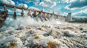 a majestic hydroelectric dam towering against the backdrop of cascading water, highlighting its capacity to harness the