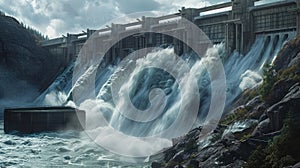 a majestic hydroelectric dam towering against the backdrop of cascading water, highlighting its capacity to harness the