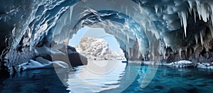 Majestic ice cave with liquid lake and electric blue icicles