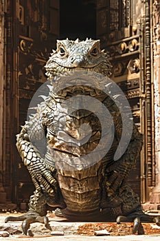 Majestic Iguana Posing in Grand Entranceway with Elaborate Door Details in the Background photo
