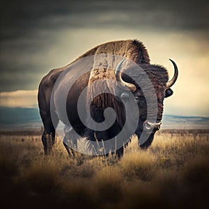A majestic illustration of an American bison, or buffalo, standing on the plains, generative ai