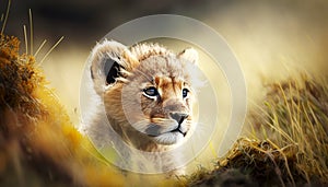 A Majestic Image of a Cute Lion Cub in a Forest Meadow on a Glorious Summer Day. Generative AI