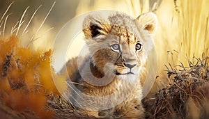 A Majestic Image of a Cute Lion Cub in a Forest Meadow on a Glorious Summer Day. Generative AI