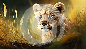 A Majestic Image of a Cute Lion Cub in a Forest Meadow on a Glorious Summer Day. Generative AI