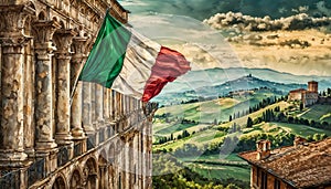 Majestic italian flag over tuscany landscape