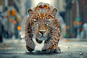 Majestic Jaguar Stalking on an Urban Street with Blurred City Background in Striking Contrasts