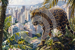 Majestic Jaguar Standing Overlooking Urban Cityscape Surrounded by Tropical Foliage in Contrasting Nature Meets Civilization Scene