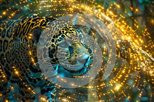 Majestic Jaguar Surrounded by Luminous Lights, Intricate Light Patterns Accentuate Wild Feline